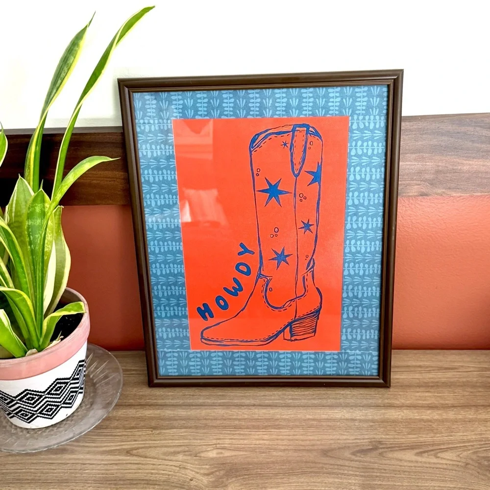 Howdy Cowboy Boot Retro Vintage Style Orange Blue Canvas Art Print Framed Art